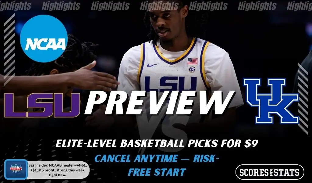 LSU Tigers vs Kentucky Wildcats NCAAB preview image with both team logos, a relevant basketball background, and the ScoresAndStats logo.