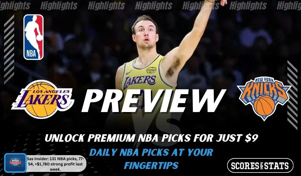 NBA preview graphic for Los Angeles Lakers vs New York Knicks featuring both team logos, a matchup-themed background image, and the ScoresAndStats logo.