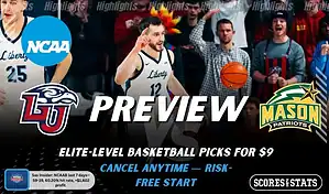Liberty Flames vs George Mason Patriots NCAAB preview image with both team logos, a relevant basketball background, and the ScoresAndStats logo.