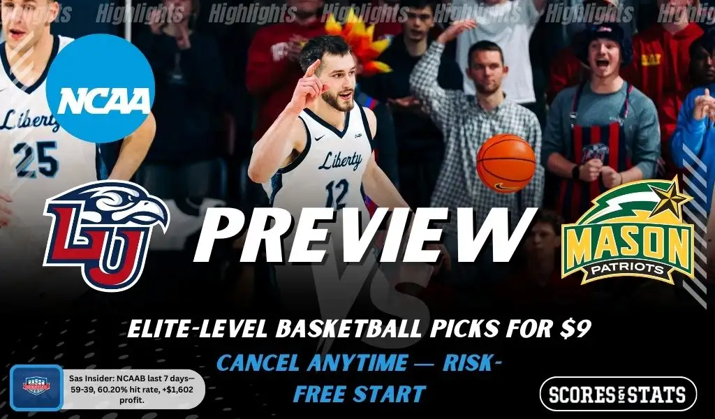 Liberty Flames vs George Mason Patriots NCAAB preview image with both team logos, a relevant basketball background, and the ScoresAndStats logo.