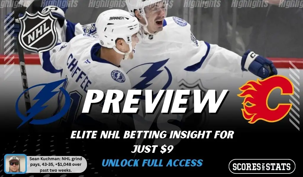 Tampa Bay Lightning vs Calgary Flames preview image with both team logos, a relevant hockey background, and the ScoresAndStats logo.