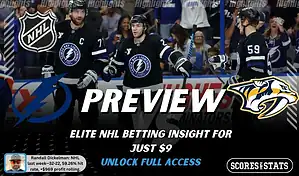 Tampa Bay Lightning vs Nashville Predators preview image with both team logos, a relevant hockey background, and the ScoresAndStats logo.