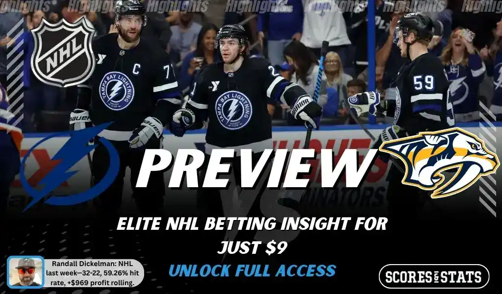 Tampa Bay Lightning vs Nashville Predators preview image with both team logos, a relevant hockey background, and the ScoresAndStats logo.