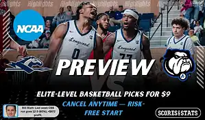 NCAAB preview graphic for Longwood Lancers vs UNC Asheville Bulldogs with both team logos, a matchup-themed background image, and the ScoresAndStats logo.