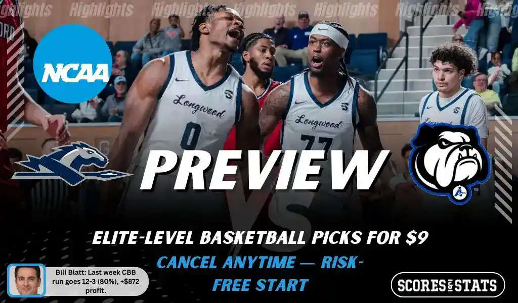 NCAAB preview graphic for Longwood Lancers vs UNC Asheville Bulldogs with both team logos, a matchup-themed background image, and the ScoresAndStats logo.