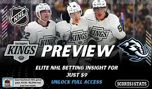 Los Angeles Kings vs Utah Mammoth preview image with both team logos, a relevant hockey background, and the ScoresAndStats logo.