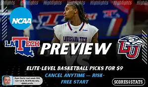 NCAAB preview graphic for Louisiana Tech Bulldogs vs Liberty Flames with both team logos, a matchup-themed background image, and the ScoresAndStats logo.