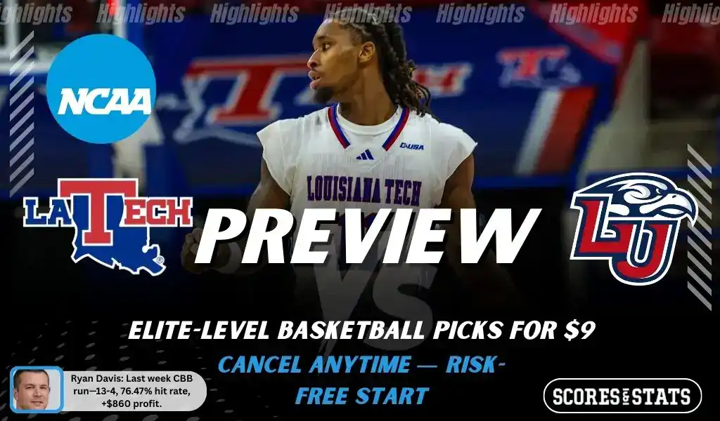 NCAAB preview graphic for Louisiana Tech Bulldogs vs Liberty Flames with both team logos, a matchup-themed background image, and the ScoresAndStats logo.