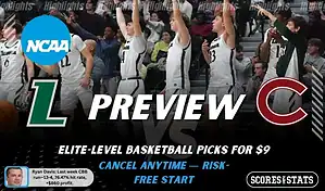 NCAAB preview graphic for Loyola Maryland Greyhounds vs Colgate Raiders with both team logos, a matchup-themed background image, and the ScoresAndStats logo.