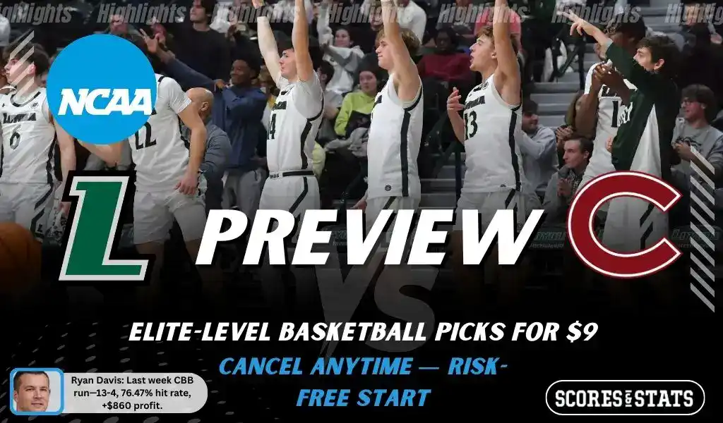 NCAAB preview graphic for Loyola Maryland Greyhounds vs Colgate Raiders with both team logos, a matchup-themed background image, and the ScoresAndStats logo.