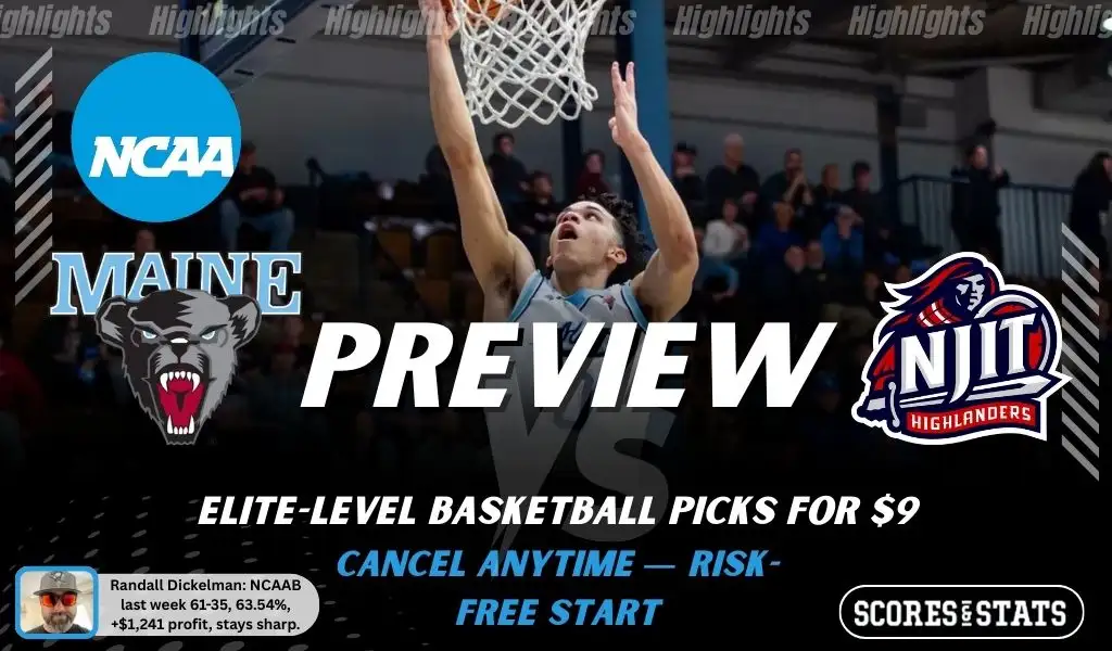 NCAAB preview graphic for Maine Black Bears vs NJIT Highlanders featuring both team logos, a matchup-themed background image, and the ScoresAndStats logo.