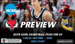 NCAAB preview graphic for Marist Red Foxes vs Quinnipiac Bobcats featuring both team logos, a matchup-themed background image, and the ScoresAndStats logo.