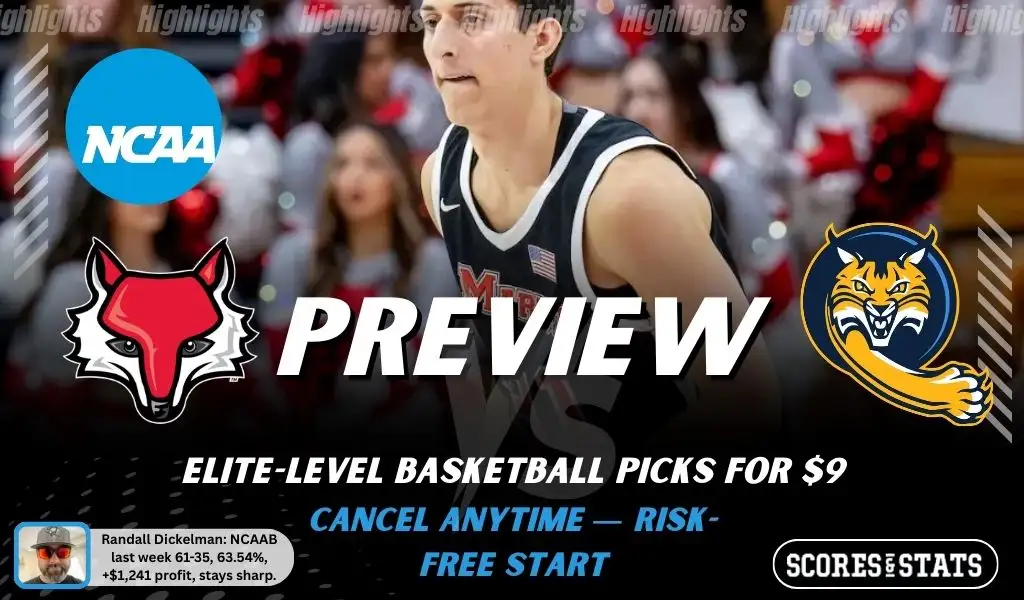 NCAAB preview graphic for Marist Red Foxes vs Quinnipiac Bobcats featuring both team logos, a matchup-themed background image, and the ScoresAndStats logo.