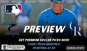 Miami Marlins vs Colorado Rockies preview image with both team logos, a relevant baseball background, and the ScoresAndStats logo.