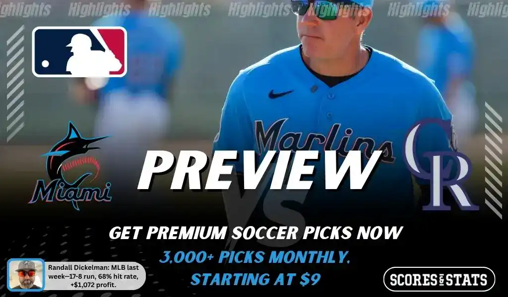 Miami Marlins vs Colorado Rockies preview image with both team logos, a relevant baseball background, and the ScoresAndStats logo.