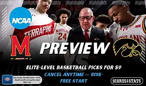 Maryland Terrapins vs Iowa Hawkeyes NCAAB preview image with both team logos, a relevant basketball background, and the ScoresAndStats logo.