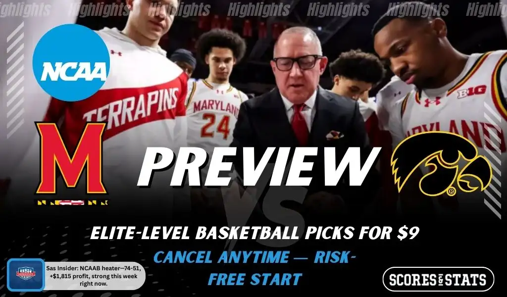 Maryland Terrapins vs Iowa Hawkeyes NCAAB preview image with both team logos, a relevant basketball background, and the ScoresAndStats logo.