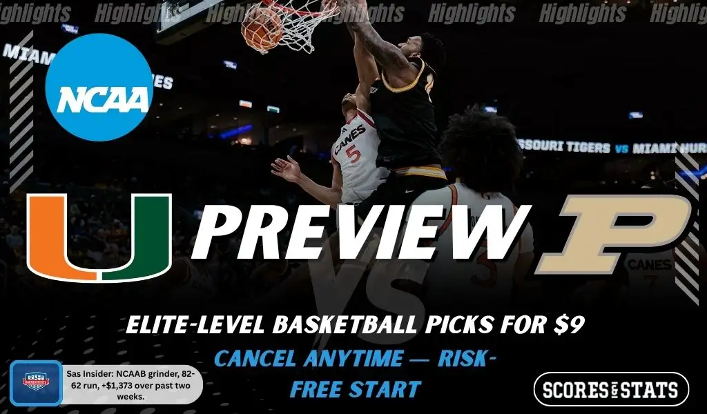 Miami Hurricanes vs Purdue Boilermakers NCAAB preview image with both team logos, a relevant basketball background, and the ScoresAndStats logo.