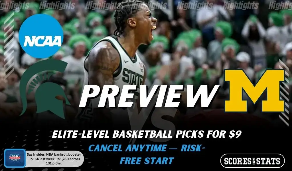 NCAAB preview graphic for Michigan State Spartans vs Michigan Wolverines featuring both team logos, a rivalry-themed background image, and the ScoresAndStats logo.
