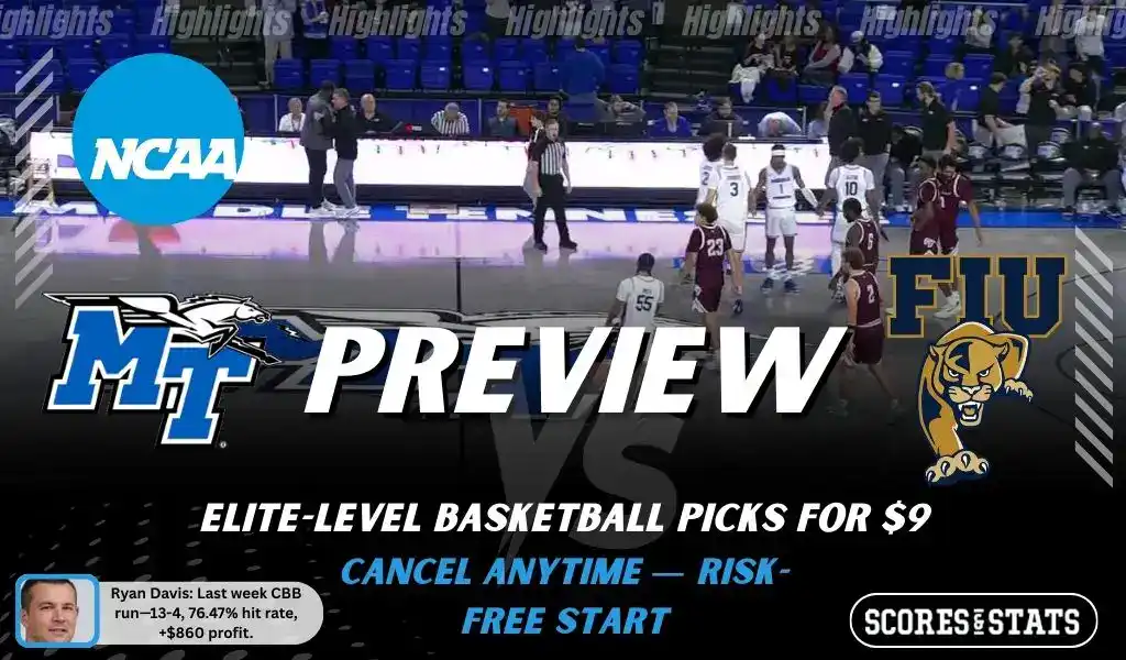 SEO Title (small, 4–6 words): Middle Tennessee vs FIU Picks Alt text: NCAAB preview graphic for Middle Tennessee Blue Raiders vs FIU Panthers with both team logos, a matchup-themed background image, and the ScoresAndStats logo.