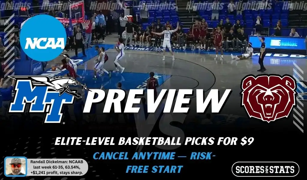 NCAAB preview graphic for Middle Tennessee Blue Raiders vs Missouri State Bears featuring both team logos, a matchup-themed background image, and the ScoresAndStats logo.