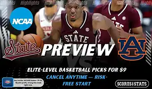 Mississippi State Bulldogs vs Auburn Tigers NCAAB preview image with both team logos, a relevant basketball background, and the ScoresAndStats logo.