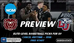 Missouri State Bears vs Liberty Flames NCAAB preview image with both team logos, a relevant basketball background, and the ScoresAndStats logo.