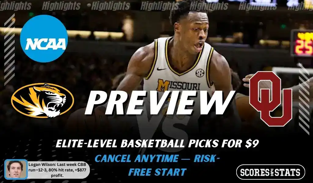 NCAAB preview graphic for Missouri Tigers vs Oklahoma Sooners with both team logos, a matchup-themed background image, and the ScoresAndStats logo.