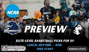 NCAAB preview graphic for Monmouth Hawks vs Northeastern Huskies with both team logos, a matchup-themed background image, and the ScoresAndStats logo.