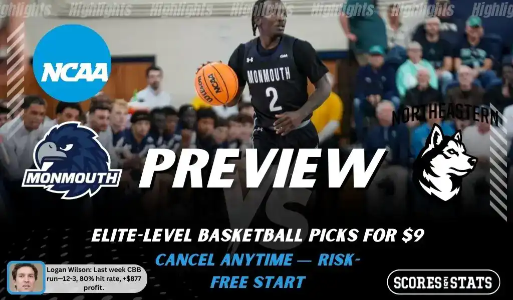 NCAAB preview graphic for Monmouth Hawks vs Northeastern Huskies with both team logos, a matchup-themed background image, and the ScoresAndStats logo.