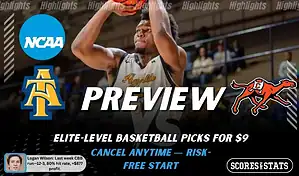 NCAAB preview graphic for North Carolina A&T Aggies vs Campbell Fighting Camels with both team logos, a matchup-themed background image, and the ScoresAndStats logo.