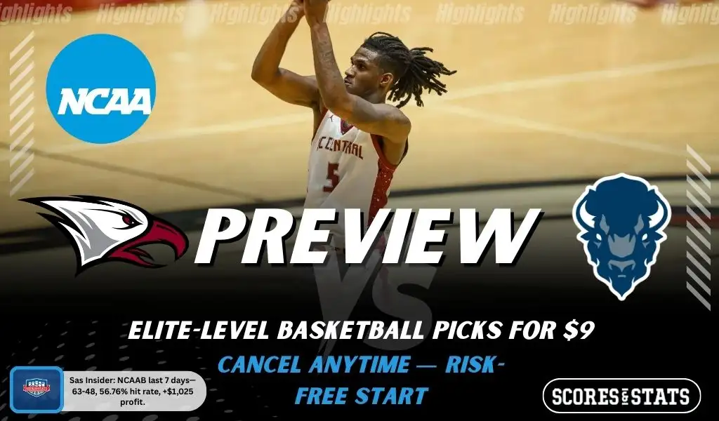 North Carolina Central Eagles vs Howard Bison NCAAB preview image with both team logos, a relevant basketball background, and the ScoresAndStats logo.