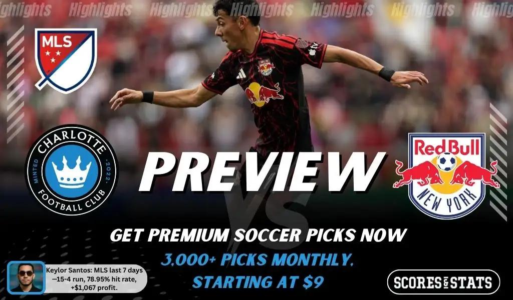 New York Red Bulls vs Charlotte FC preview image with both team logos, a relevant soccer background, and the ScoresAndStats logo.