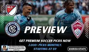 New York City FC vs Colorado Rapids preview image with both team logos, a relevant soccer background, and the ScoresAndStats logo.