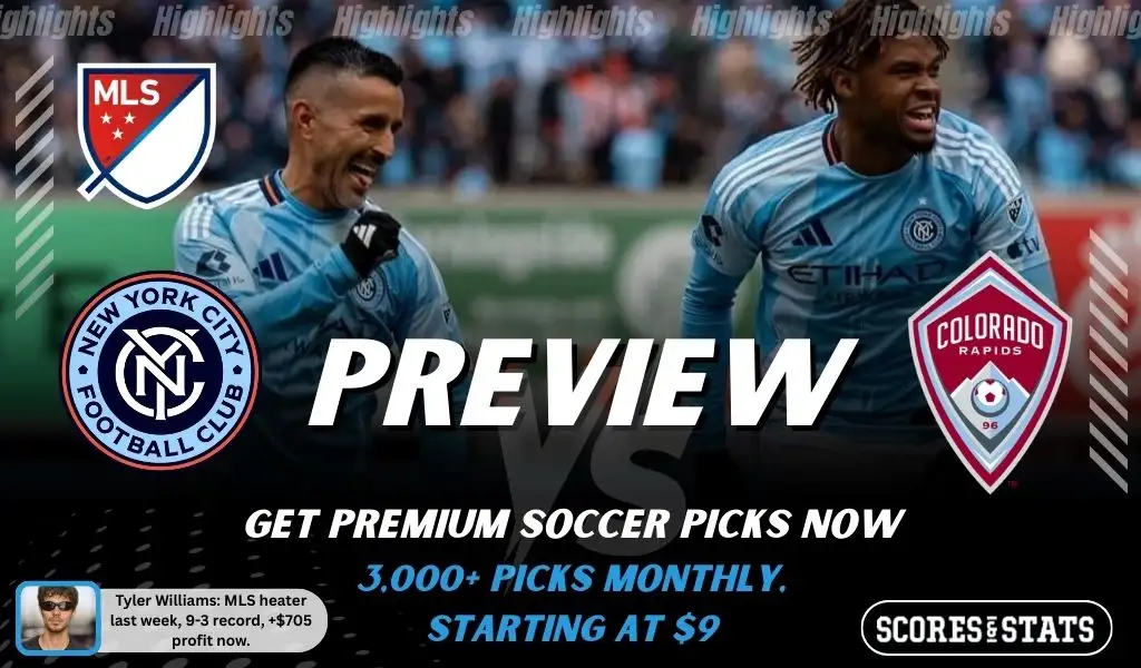 New York City FC vs Colorado Rapids preview image with both team logos, a relevant soccer background, and the ScoresAndStats logo.