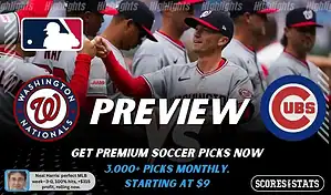 Washington Nationals vs Chicago Cubs preview image with both team logos, a relevant baseball background, and the ScoresAndStats logo.