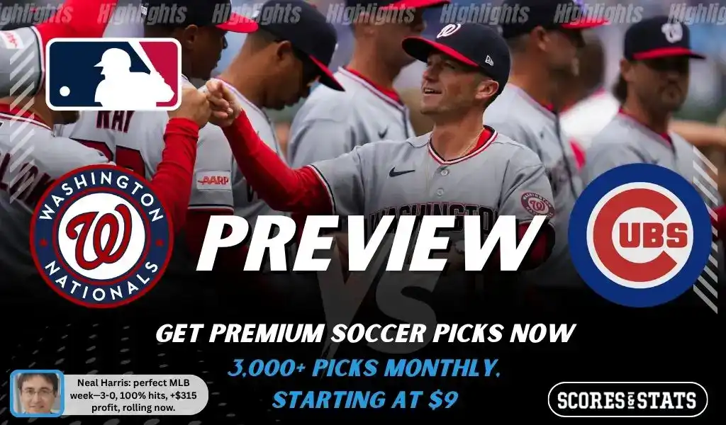 Washington Nationals vs Chicago Cubs preview image with both team logos, a relevant baseball background, and the ScoresAndStats logo.