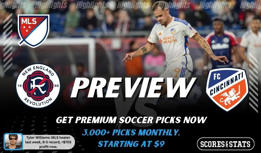 New England Revolution vs FC Cincinnati preview image with both team logos, a relevant soccer background, and the ScoresAndStats logo.