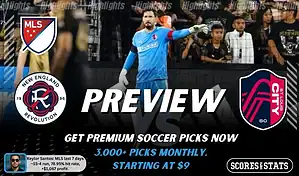 New England Revolution vs St. Louis City SC preview image with both team logos, a relevant soccer background, and the ScoresAndStats logo.