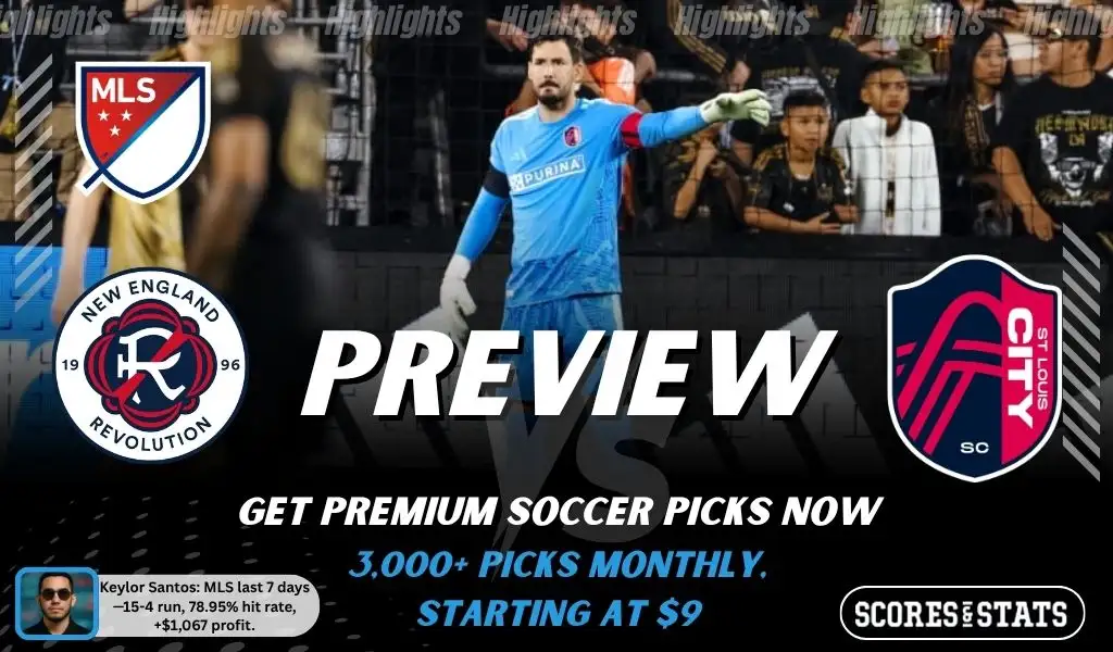 New England Revolution vs St. Louis City SC preview image with both team logos, a relevant soccer background, and the ScoresAndStats logo.