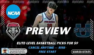 NCAAB preview graphic for New Mexico Lobos vs Utah State Aggies featuring both team logos, a matchup-themed background image, and the ScoresAndStats logo.