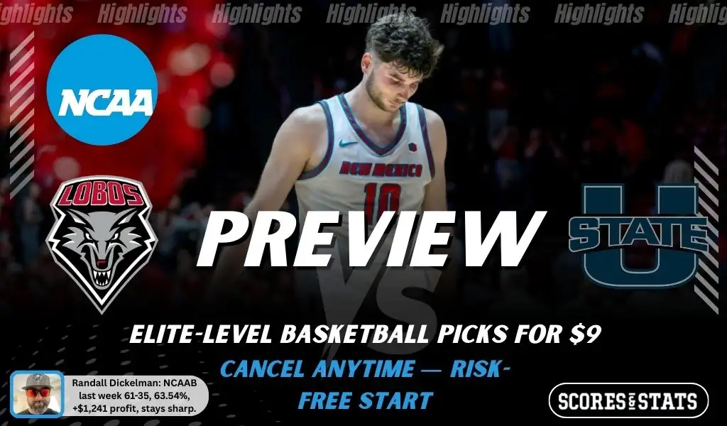 NCAAB preview graphic for New Mexico Lobos vs Utah State Aggies featuring both team logos, a matchup-themed background image, and the ScoresAndStats logo.