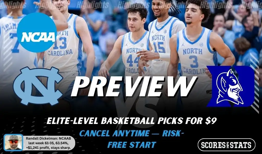 NCAAB preview graphic for North Carolina Tar Heels vs Duke Blue Devils featuring both team logos, a rivalry-themed background image, and the ScoresAndStats logo.