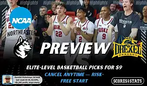 NCAAB preview graphic for Northeastern Huskies vs Drexel Dragons featuring both team logos, a matchup-themed background image, and the ScoresAndStats logo.