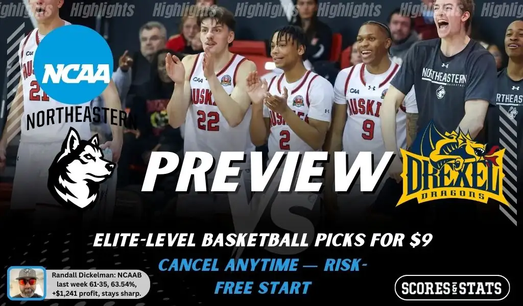 NCAAB preview graphic for Northeastern Huskies vs Drexel Dragons featuring both team logos, a matchup-themed background image, and the ScoresAndStats logo.