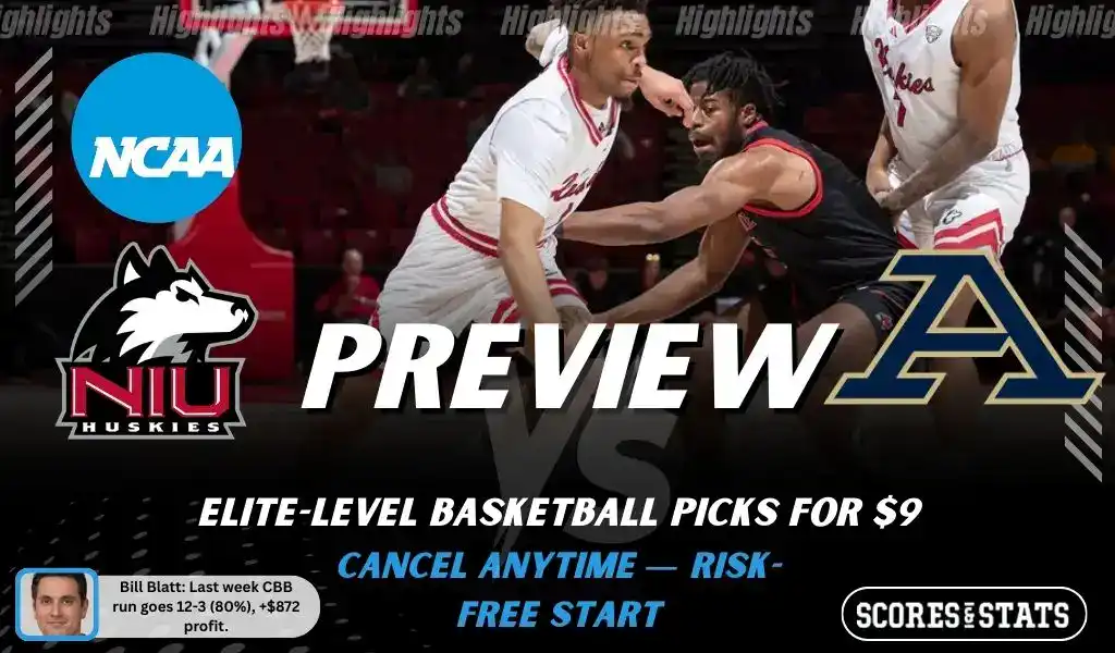 NCAAB preview graphic for Northern Illinois Huskies vs Akron Zips with both team logos, a matchup-themed background image, and the ScoresAndStats logo.