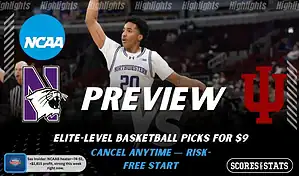 Northwestern Wildcats vs Indiana Hoosiers NCAAB preview image with both team logos, a relevant basketball background, and the ScoresAndStats logo.