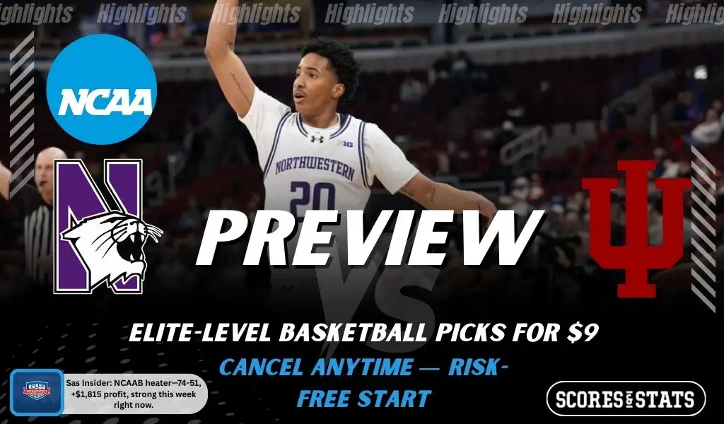 Northwestern Wildcats vs Indiana Hoosiers NCAAB preview image with both team logos, a relevant basketball background, and the ScoresAndStats logo.