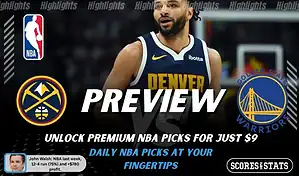 Denver Nuggets vs Golden State Warriors preview image with both team logos, a relevant basketball background, and the ScoresAndStats logo.
