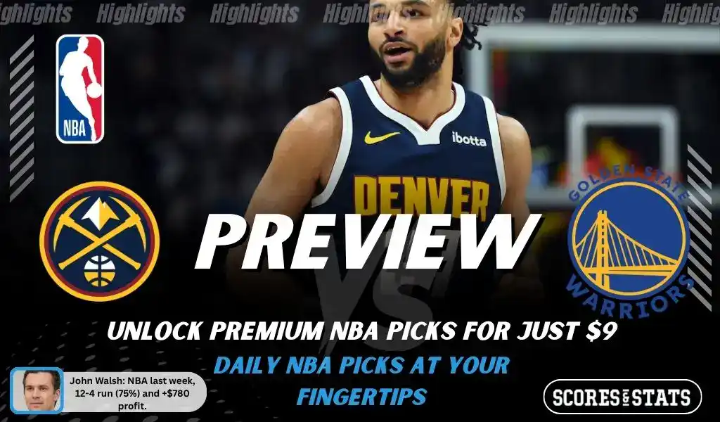 Denver Nuggets vs Golden State Warriors preview image with both team logos, a relevant basketball background, and the ScoresAndStats logo.